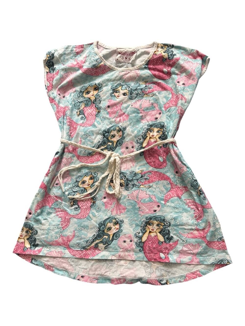 Paper Wings Girls Organic Mermaid Print T Shirt Dress Pink & Aqua Size 8